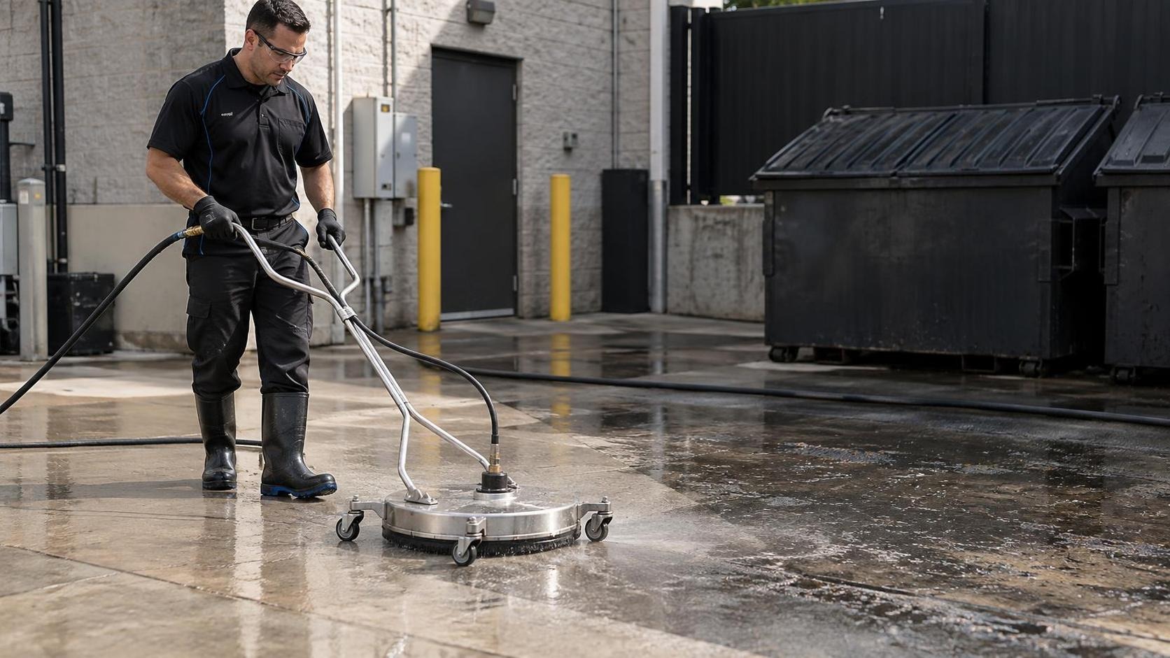 Technician pressure-cleaning commercial concrete with a rotary surface cleaner