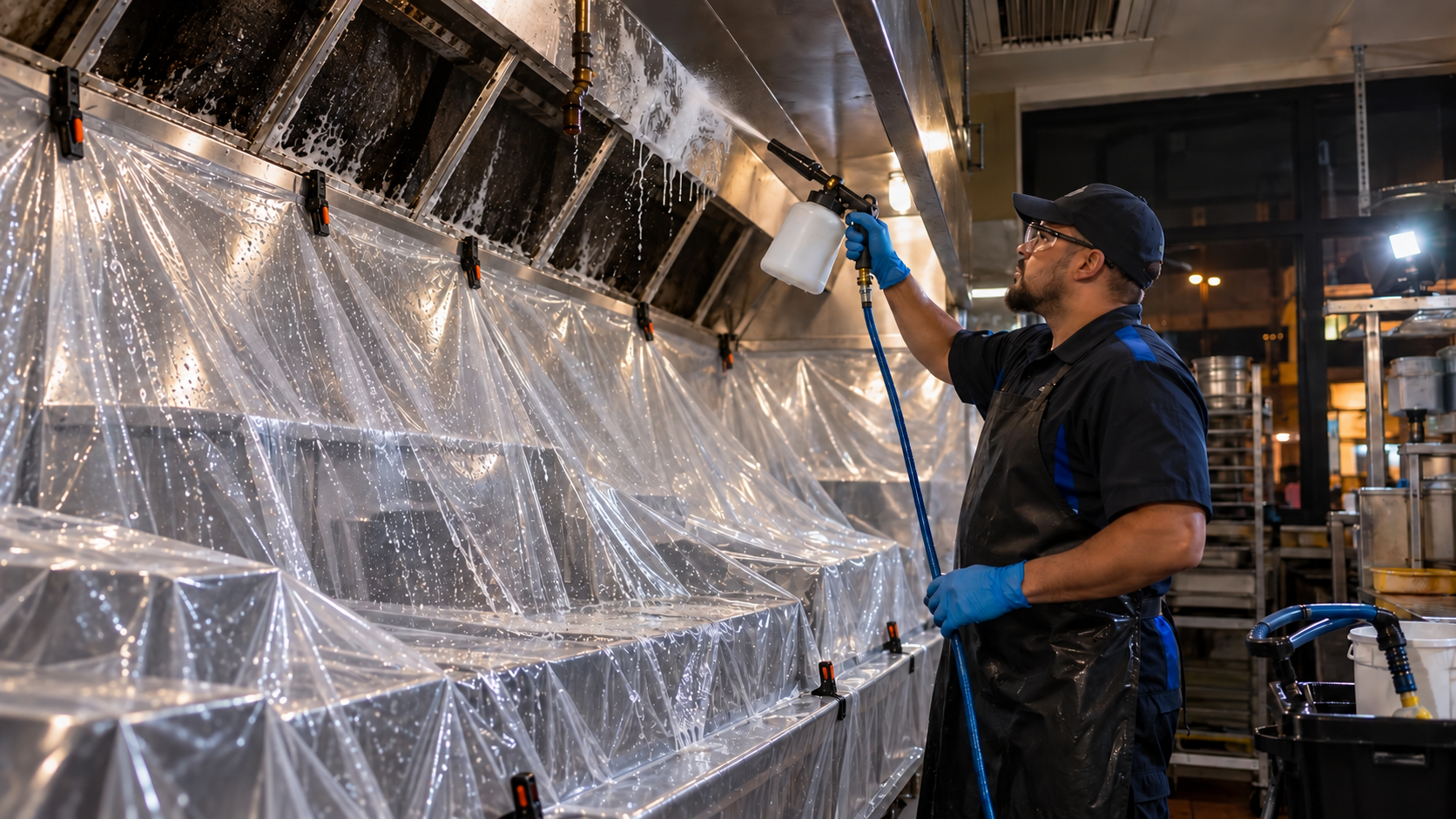 Technician cleaning a commercial kitchen exhaust hood with filters removed and equipment protected by clamped waterproof containment