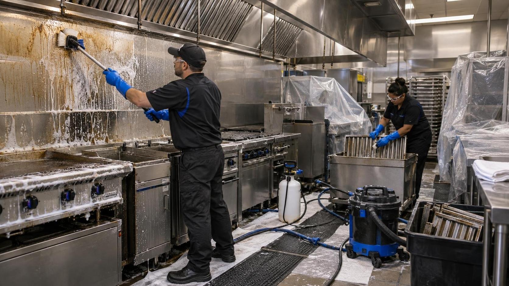 Professional crew deep-cleaning a stainless-steel restaurant cook line